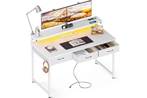 ODK Scrivania con 3 Cassetti, Scrivania da Gaming con Luci LED, Tavolo da Gioco con Prese di Corrente e 2 Prese di Ricarica USB, Tavolo per Computer con Supporto per Casa (Bianco, 120x50x92.7cm)
