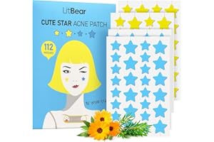 LitBear Acne Pimple Patches, Blue & Yellow Star Shaped Acne Cover Patch, Hydrocolloid Acne Patches For Face Zit Patch Acne Dots, Add Tea Tree Oil, 112 Patches, 14mm & 10mm