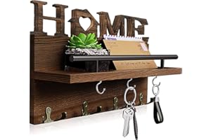 twirush Schlüsselbrett mit Ablage, Holz Schlüsselhalter mit 4 Doppel Schlüsselhaken, Dekorative Wandorganizer mit Ablage, Wand Schlüsselkasten Vintage für Eingang, Wohnzimmer, Flur (Braun HOME)