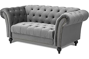 Home Detail Velvet Fabric Chesterfield Sofa Upholstered 1.5 2 & 3 Seater Curved Settee Set Living Room Suite (2 Seat Sofa Only, Grey)