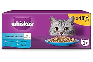 WHISKAS Posiłek dla kota - 48 saszetek świeżości (zestaw 2 opakowań 24 x 85 g), ulubione ryby (4 odmiany), galaretkowy pasta dla dorosłych kotów, pełna mokra karma odpowiednia również dla kotów