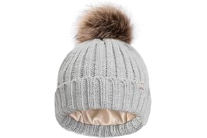 Hat Hut Bonnet Enfant d'hiver Doubles Pompons, Bonnet Doublé en Satin pour Cheveux, bébé Chaud Chapeau Tricoté Doux Beanie Garçons Filles