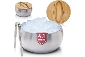 ‎GUSTO NOSTRO Gusto Nostro 4,1 l Eiswürfelbehälter mit Deckel und Zange, Doppelwandiger Großer Edelstahl Eisbehälter, BPA-freier Eiskübel für Cocktail-Bar, für Champagner, Wein, Bier, Kühlen für Partys