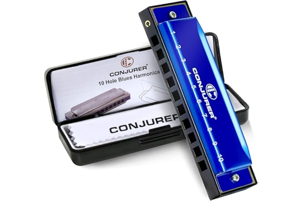 CONJURER Blues Harmonica pour Enfants dultes Débutants, 10 trous Harmonica diatonique Clé de C, Brasse Anches Métal Orgue à bouche C Key Harpe de blues avec étui, Bleu