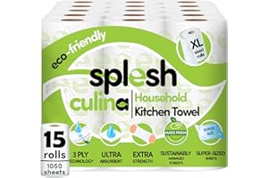 CUSHEEN Splesh Culina Kitchen Towel - 15 XL Rolls (1050 Sheets) 3 Ply Ultra Absorbent & Extra Strong, Large Eco-Friendly Household Kitchen Rolls - 70 Super Sized Triple Layered Sheets Per Roll