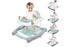 LIUFASHI Trotteur Bébé 5 en 1, Trotteur pour Bébé Pliable avec Hauteur et Vitesse Réglables, Tapis de Trampoline Amovible, Chariot de Marche Bebe avec Centre de Jeux, Baby Walker à Partir de 6 Mois, Bleu