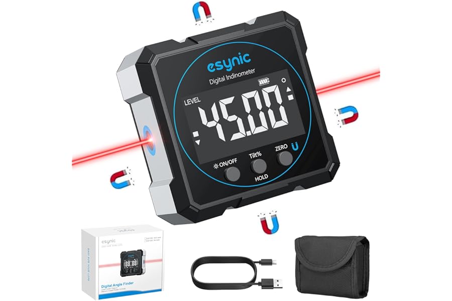 eSynic Digital Angle Finder with Electronic Laser LCD Display Rechargeable Four-Sided Magnetic Digital Inclinometer Angle Gague Level Box Angle Measuring Tool for Carpentry Woodworking etc