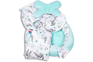 PaLulli 5-TLG Baby Ausstattung-Set Kuschelnest Babynest 95x55cm Baby-Matratze Kuscheldecke Flachkissen Babybett 100% Baumwolle Hypoallergisch Für 0-8 Monate Kopfkissen Türkises Garten