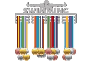 CREATCABIN Porta Medaglie Nuoto Nuotatore Sportive Appendiabiti Atleta Premi Espositore Parete Montaggio Rack Decorazione Acciaio Metallo Appeso per Casa Badge Medaglia Oltre 60 medaglie 40x15cm
