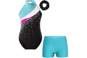 ranrann Enfant Fille Justaucorps Gymnastique Brillant avec Short Tenue Patinage Artistique Danse Strass Costume Dancewear 5-16 Ans