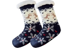 Wishstar Calcetines de Navidad, Calcetines Antideslizantes Mujer, Calcetines Termicos Frio Extremo, Novia Madre e Hija (Moose-Azul)