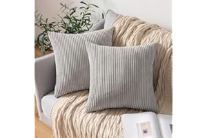 MIULEE Set of 2 Striped Corduroy Square Throw Pillow Case Soft Cushion Covers Sham Home for Sofa Couch/Bedroom Decorative Fluffy Large Pillowcases 16x16 Inch 40x40cm Light Grey