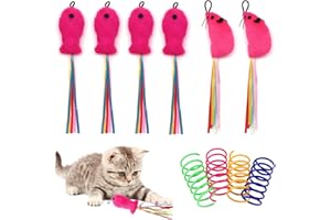 FloralGrace 6 pièces Jouet pour Chats Poissons et Souris, rempli de Peluche, Accessoires de Canne à pêche pour Chat Premium avec Rubans, Jouet interactif avec Herbe à Chat (avec 4 Ressorts pour