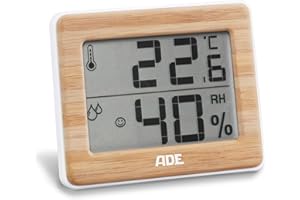ADE Thermo-hygromètre numérique avec du vrai bambou. Thermomètre avec affichage précis de la température, Hygromètre pour indicateur d'humidité et zone de confort, écran LCD