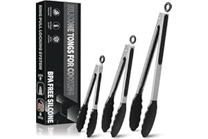 COZOR Pinzas Cocina de Acero Inoxidable con Puntas de Silicona, Resistencia a Altas Temperaturas 480°F, Pinzas de Cocina con Sistema de Cierre para Asar y Cocinar, Juego de 3-18cm, 23cm, 30,5cm