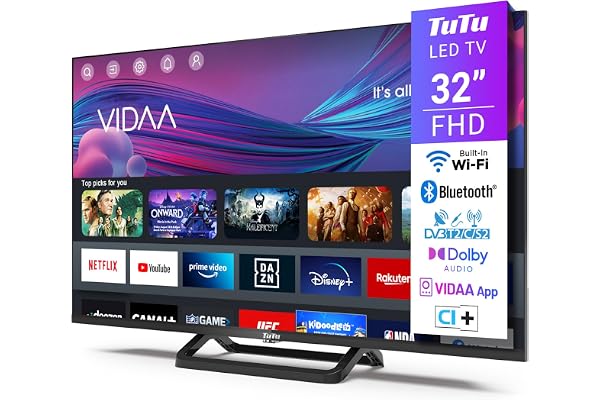 TuTu TUV32FN1B Smart TV 32 Pouces (80 cm), Full HD sans Bord Connectée Télévision avec WiFi, Bluetooth, App Store, AirPlay, Triple Tuner (DVB-T/T2, DVB-C, DVB-S/S2), Molotov et Plus