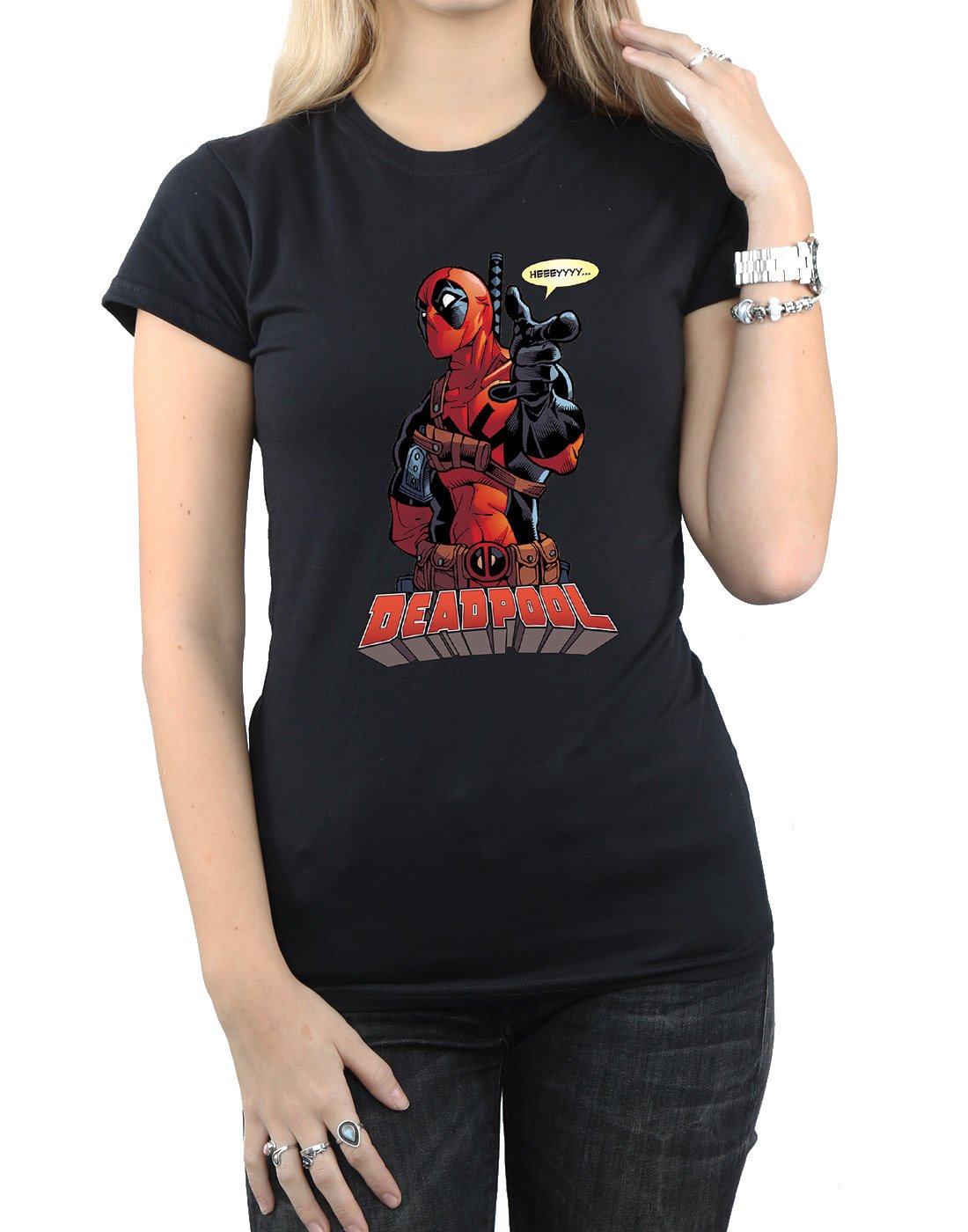 Marvel-Damen-Deadpool-Hey-You-T-Shirt-Schwarz-Medium