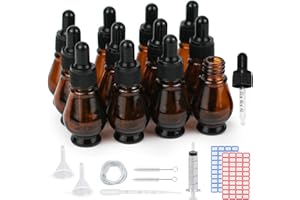 Reyshin 10ml Glass Dropper Bottles, 12 Pack Pear Shaped Amber Glass Bottle with Dropper Pipettes Refillable Sample Dropper Bottle for Essential Oil Massage Aromatherapy Eye Drops (Amber)