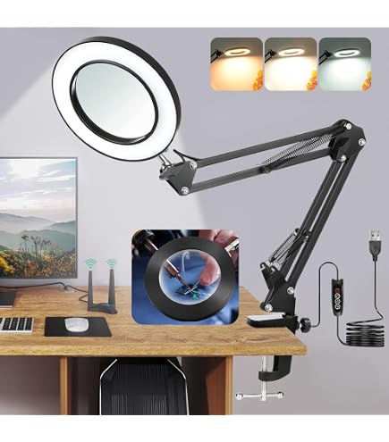 Jubor Magnifying Lamp With Light & Clamp - 15X/10X Glass Lens, 5 Light Colors, 10 Brightness Levels