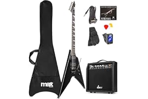 Max GigKit Rock Style E-Gitarre, E Gitarren Set mit Gitarrenverstärker, Tasche, Plektrum, Stimmgerät Gitarre, Instrumentenkabel, Ersatzsaiten, Gitarrengurt, 24 Bünde - Schwarz