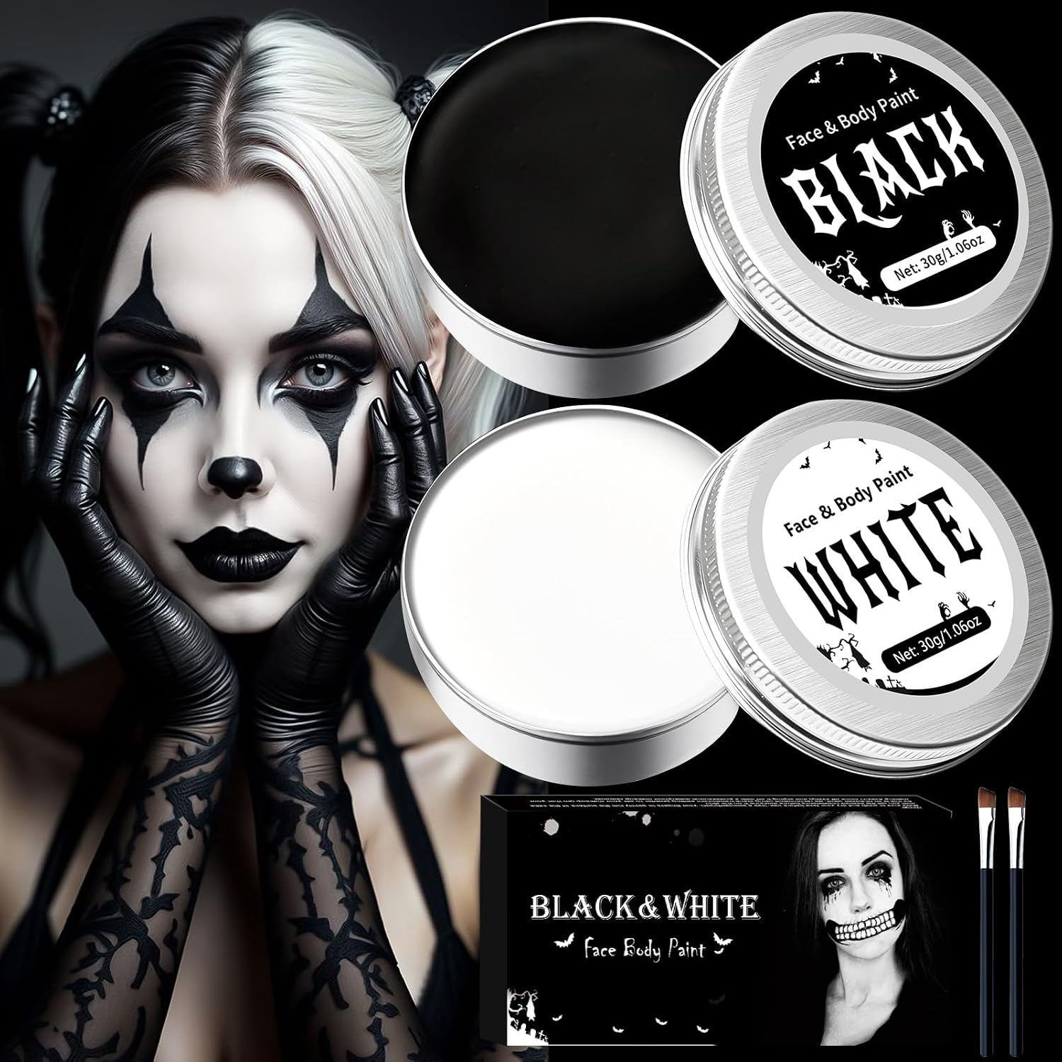 Trucchi Bianco e Nero per Viso Halloween, Trucchi Halloween Make up | 60 g Trucco Halloween Bambini Donna Adulti, Bianco e Nero Body Painting per Carnevale Feste Clown Effetti Speciali SFX