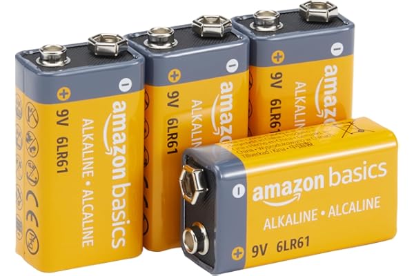 Amazon Basics - Paquete de 4 pilas alcalinas de 9 V, 9 V/6LR61, vida útil de 5 años, para detector de humo/monóxido de carbono, electrónica y audio