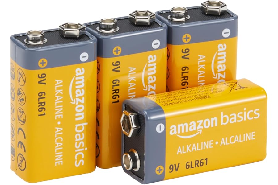 Amazon Basics - Paquete de 4 pilas alcalinas de 9 V, 9 V/6LR61, vida útil de 5 años, para detector de humo/monóxido de carbon