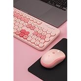 Petek G&ouml;r&uuml;n&uuml;ml&uuml; Kablosuz Renkli Klavye Mouse Seti - Retro, Sessiz, Q T&uuml;rk&ccedil;e Dizayn (Pembe)