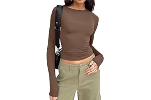 NAJZYBA T-shirt à manches longues pour femme Coupe ajustée Y2K Haut à manches longues Col rond Cropped Tee Uni Basique Crop Tops Casual Haut Athlétique Adolescent Streetwear