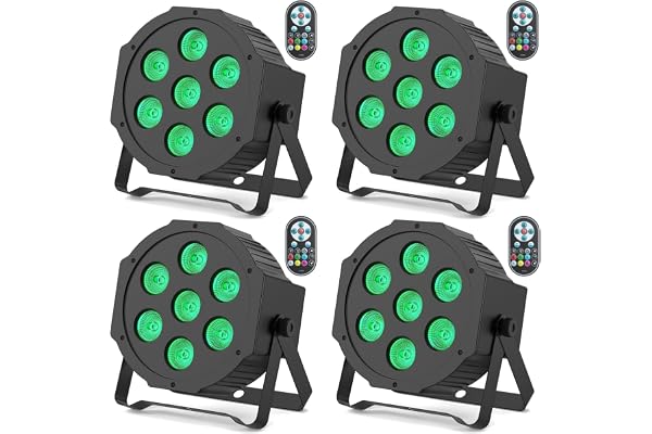 DELIBANG 4PCS RGBW 7 Par LED Éclairage de Scène, Lumière Scène DMX Effets de Lumière Disco avec Télécommande et Activation Sonore pour DJ Lumière de Soirée Bar Concert Halloween Noël