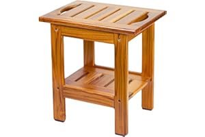 Utoplike Panca doccia in teak, sgabello compatto da doccia con mensola e maniglia, sedile piccolo in legno a 2 ripiani con piedini antiscivolo per bagno, vasca da bagno o uso esterno