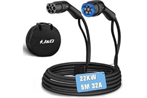 J&D Câble de Recharge Voiture Électrique Type 2 avec Sac de Transport, Monophasé 32A 22 KW, 5 Mètres, Compatible Tesla Model S/X/Y/3, Zoe, ID.3/4, E-Tron, e-208, i3, Kona EV, Noir