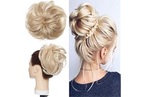 S-NOILITE Tousled Updo Chignon Désordonné Extension de Cheveux Naturels Queue de Cheval avec élastique Postiche Synthétique pour les Femmes Blonde foncée à blonde décolorante