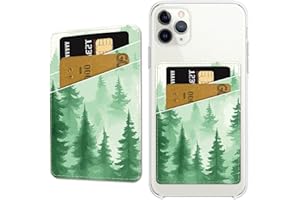 CREATCABIN Porte Cartes Téléphone Cuir avec Motif d'arbre Forêt Porte Cartes Crédit Adhésif Coller Mince Double Poche Autocollant pour L'Arrière L'Étui Téléphone Compatible Téléphones Vert 9.5x6.5cm
