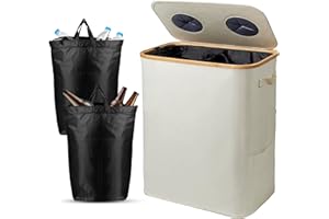 SYLANDO 140L Pfandflaschen Sammelbehälter mit Deckel & XXL Tragetaschen, Flaschensammler für Leergut & Altglas, 2 Fächer Organizer mit Lochdesign, Recycling Behälter für Küche & Abstellraum (Beige)