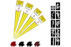 4x FADEDA Henna Kegel | 4x 25g natürliche Paste | 2x Schwarz, 1x Natur-Braun, 1x Kastanien-Braun | 10 verschiedene Sticker-Schablonen | 100 % pflanzlich | gebrauchsfertig & ohne PPD