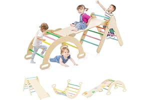 RELAX4LIFE 4 in 1 Triangolo da Arrampicata con Scivolo per Bambini, Arco da Arrampicata e Scala per Arrampicarsi in Legno, Montessori Giocattoli Bimbi 2 3 4 5 Anni (Colorato)