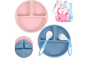 twocolur 2 jeux Assiette Silicone Bébé avec Ventouse, Assiette Bébé Design de Séparation avec Ustensiles et Bavoirs, sans BPA, passe au micro-ondes et au lave-vaisselle, sevrage & alimentation faciles
