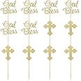 NUOBESTY 24pcs Golden God Bless and Cross Cupcake Toppers Glitter Cake Picks for Fruit Food Dessert Appetizer Baptism Christening Party Decors
