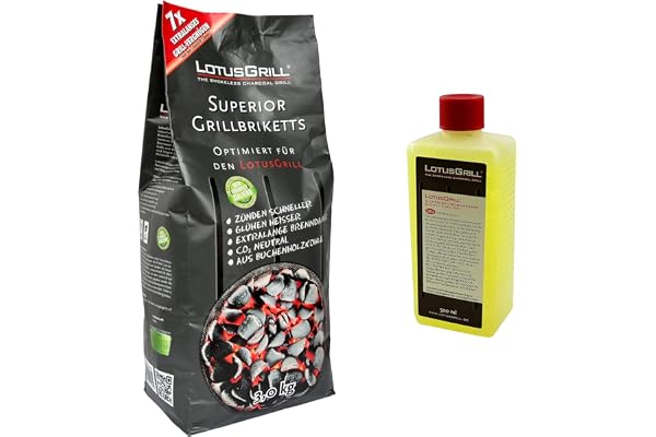 1 x LotusGrill Superior BBQ-kaka 3 kg + 1 x 500 ml LotusGrill brännpasta – CO2 neutral – snabbt tänd – bränningstid