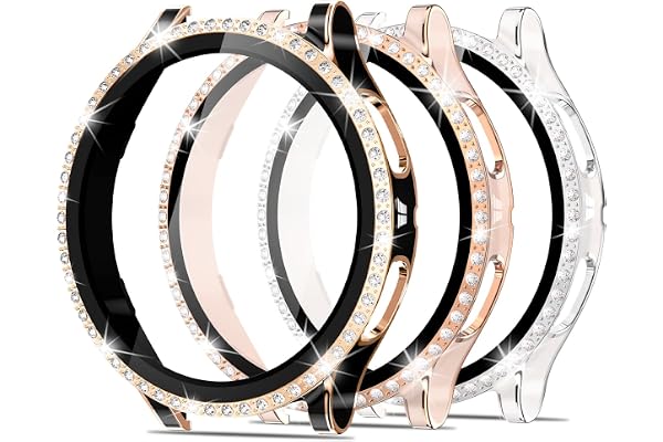 [3-pack] Kamita Diamond fodral för Samsung Galaxy Watch 4 40 mm, glitter hårt PC stötskydd med härdat glas skärmskydd, stöttåligt skyddsfodral för Galaxy Watch 4 (silver + svart +