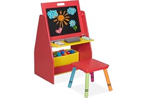 Relaxdays Scaffale per Bambini, con Lavagna, Doppio Scomparto e Sgabello, Postazione per Colorare, HLP84x52x45 cm, Rosso