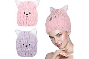 Jodsen 2 Pièce Bonnet Seche Cheveux Secs Serviette de Sèche Cheveuxs Microfibres Turban avec Oreilles de Chat Cheveux à Séchage Rapide Bonnet de Bain à Séchage Rapide Super Absorbante pour Femmes