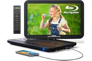 GOnavidio 15,4“ Lecteur DVD Blu Ray Portable avec câble HDMI, Rotatif à 270° HD 1920x1080, Lecteur Blue Ray Portable avec Batterie Rechargeable 5 Heures USB/SD (0511)