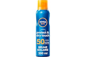 NIVEA SUN Brume solaire Protect & Dry Touch FPS 50 (1x200 ml), Protection solaire 100% transparente résistante à l’eau, écran solaire non gras absorption rapide