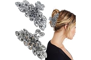 PAOTXPUM 2 PCS Vintage Hair Claw Clips Flower Large Claw Hair Clips Shiny Rhinestone Hollow Flower Claw Clips Retro Metal Hair Clips Antique Silver Plated Hair Clamps Crystal Hair Accessories for Women Girls