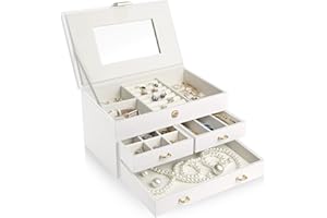 ADEL DREAM Joyero con 2 cajones organizador de joyas con llave con espejo estuche de viaje extraíble para anillos pulseras pendientes forro de terciopelo color blanco J11-3