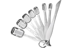 Doosu Metal Measuring Spoons Sets, 18/8 Stainless Steel Long Handle Square Teaspoon Tablespoon Narrow Measure Scoop Spoon Fit in Spice Jars, Kitchen Utensils for Cooking Baking (Set of 8 with Leveler)