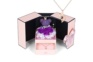 Konijiwa Preserved Real Rose with I Love You Necklace in 100 Languages Rose Bear Gifts for Womens Romantic Gifts for Her Girlfriend Wife on Anniversary, Valentines Day