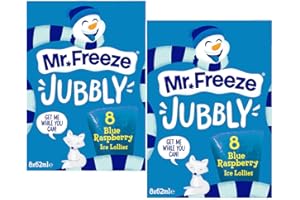 KHUDADAD 2Pack Mr. Freeze Jubbly Ice Lollies, Blue Raspberry, 8 x 62ml Total 16 Blue Raspberry Ice Lollies - Family Pack